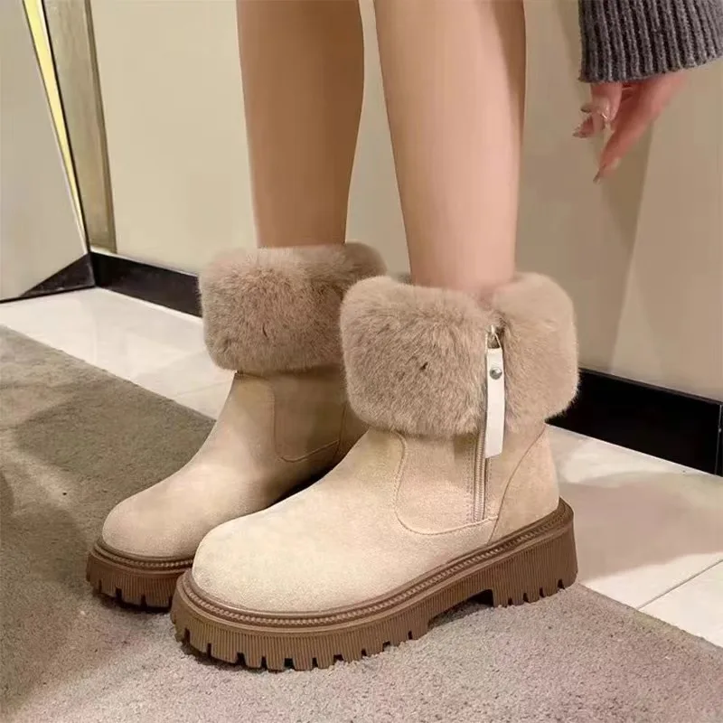 

Women Ankle Warm Snow Boots Fur Flats Platform Shoes Winter New Suede Short Plush Cotton Shoes Fashion Brand Casual Mujer Botas