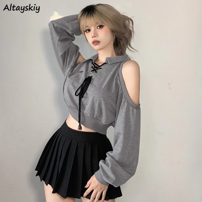 Y2K Hoodies Women Off Shoulder Cropped Tops Lace-up Harajuku Vintage Loose Sweatshirts Hotsweet Casual Stylish Female All-match