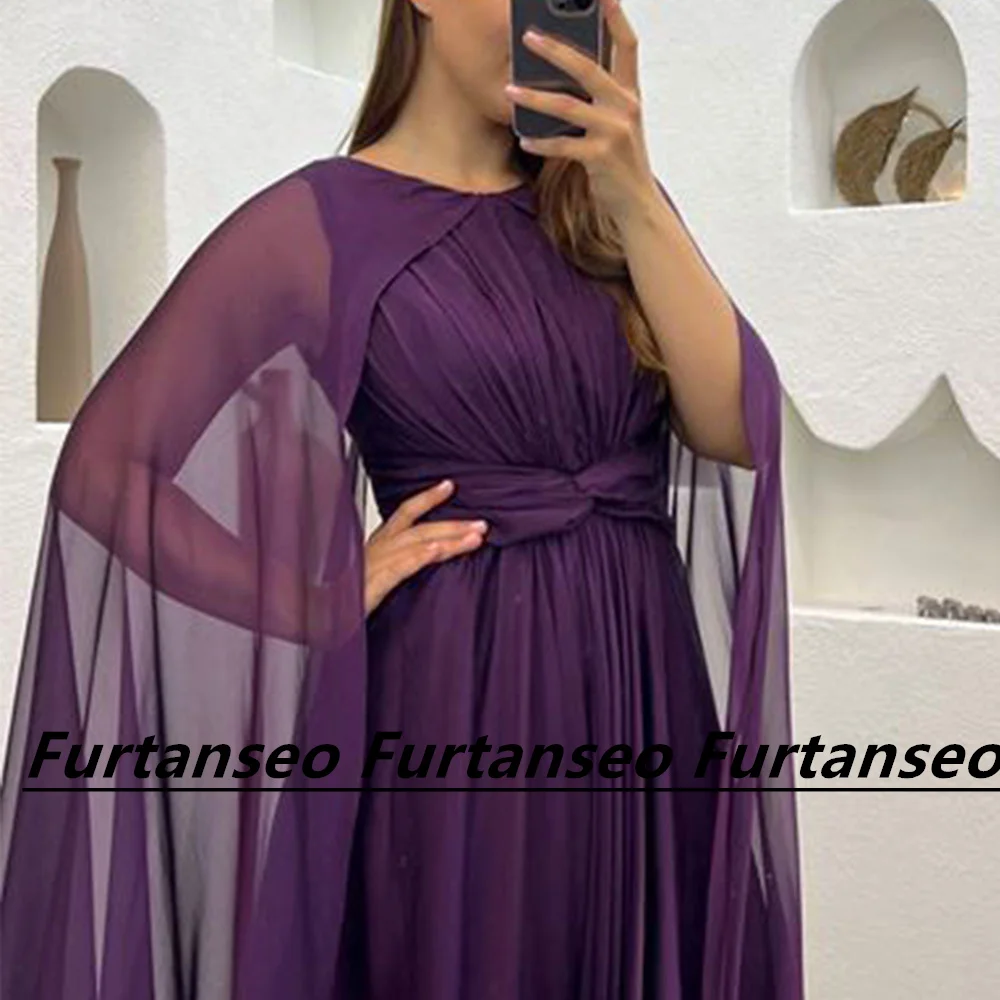 Vestido de noche de gasa Simple Para Mujer, cuello redondo, chal árabe plisado, tren de cepillo de Dubai saudita, línea A, cremallera trasera, Vestidos Para Mujer, Gala