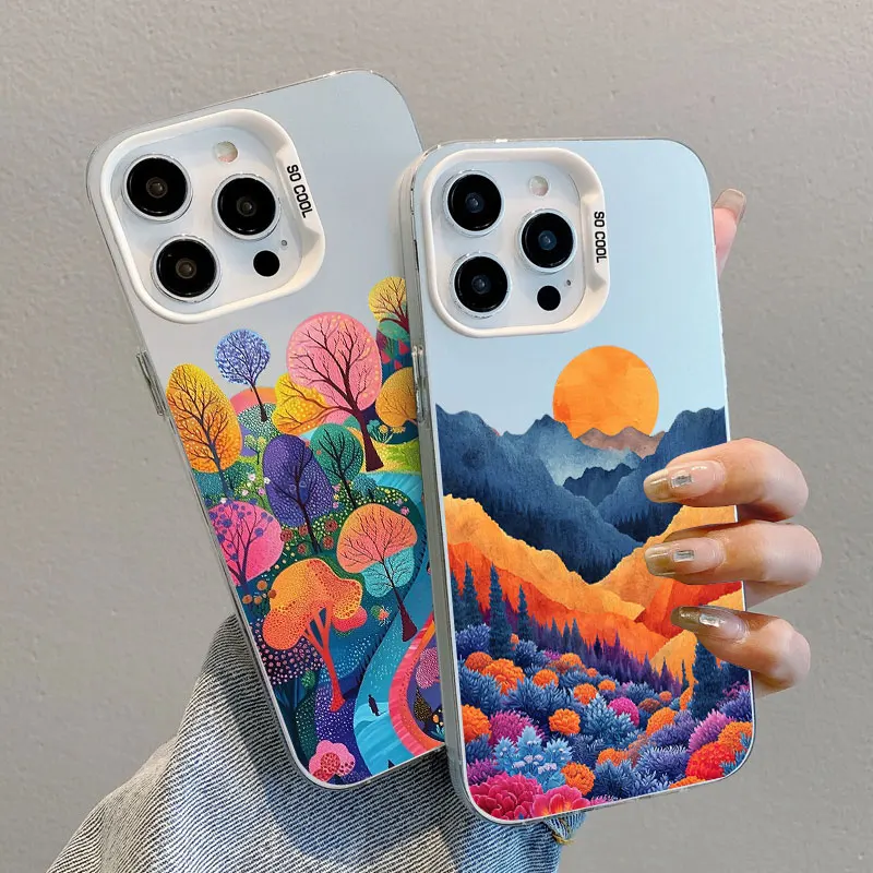 

Mountain Sunset Landscape Laser Phone Case For iPhone 15 14 Pro Max Plus 16 17 Pro Max 13 12 Mini 11 Pro Max Scenery Back Covers