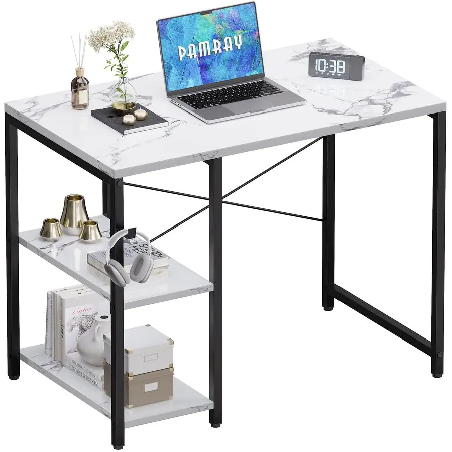 

32 Inch Small Computer Desk With Shelves, Home Office Desk With Headphone Hook For Bedroom, Study Writing PC Table For Small Sp