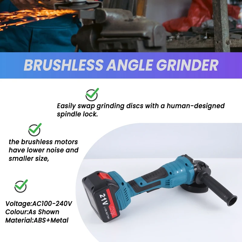 ABSJ-21V 100Mm Brushless Angle Grinder Grinding Tool Cutting Machine Power Tool For Cutting Polishing  Tile US Plug