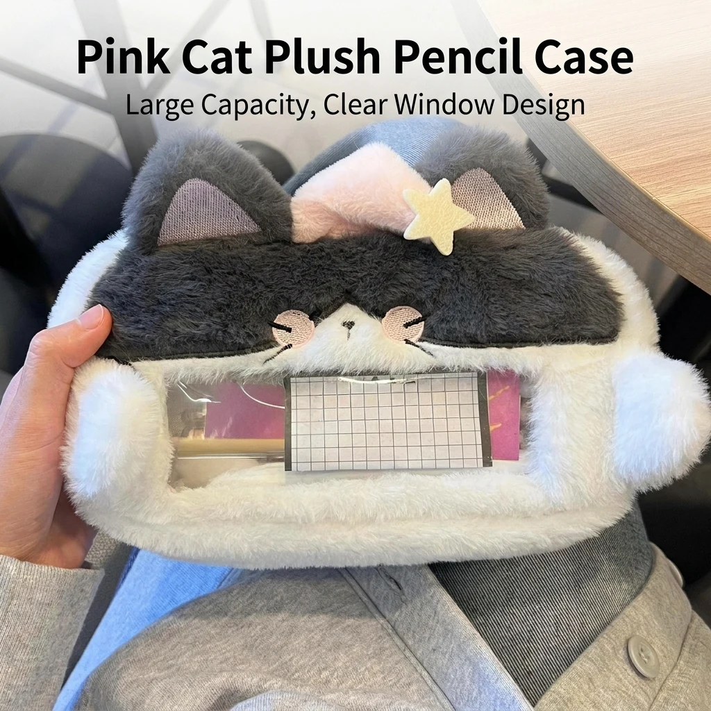 Pink/Blue Hat Cat Pencil Case Soft Plush Organizer with Transparent Window Large Capacity for Students and Office Supplies