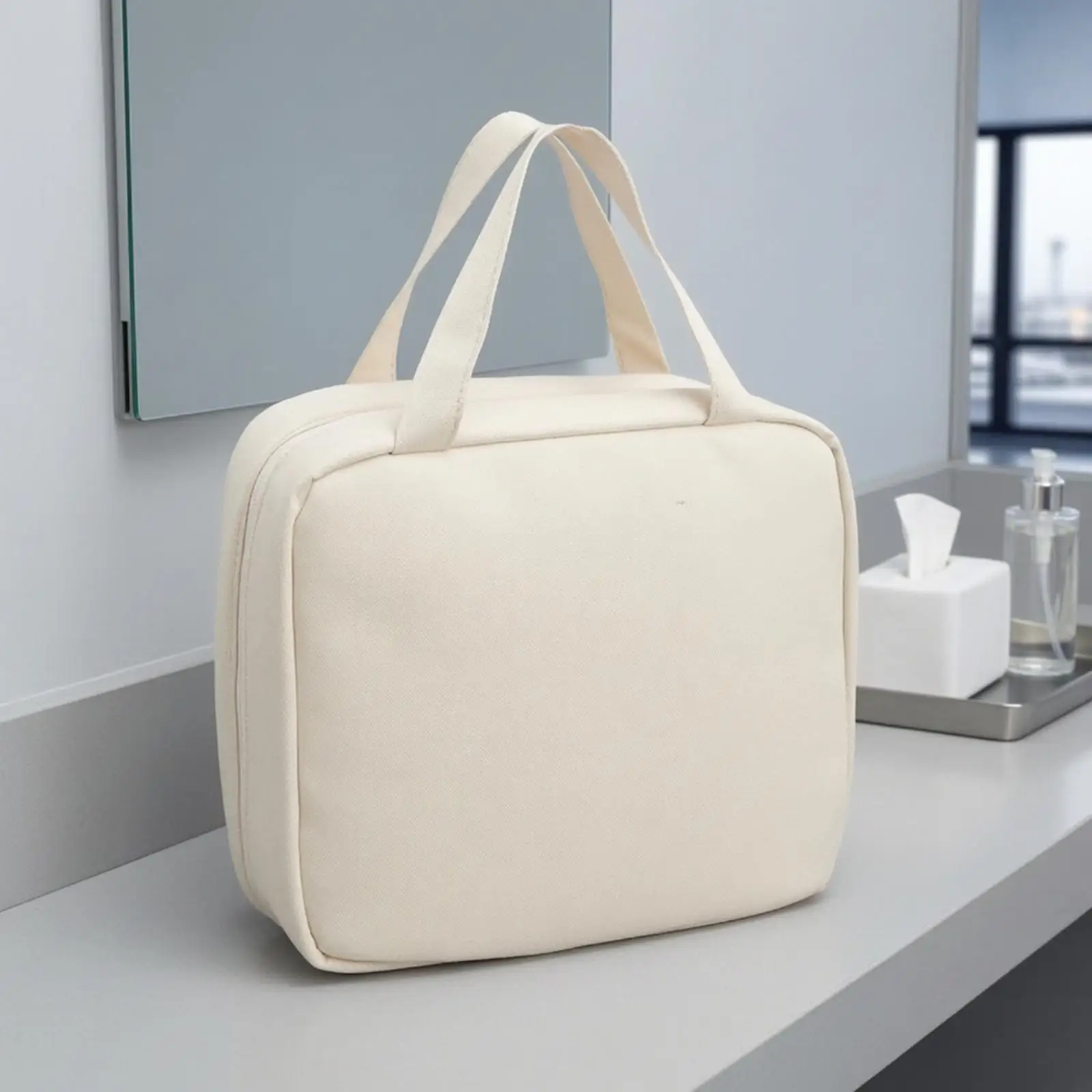 Structured Vanity Cosmetic Bag with Multiple Pockets and Portable Handle for Personal Care Items