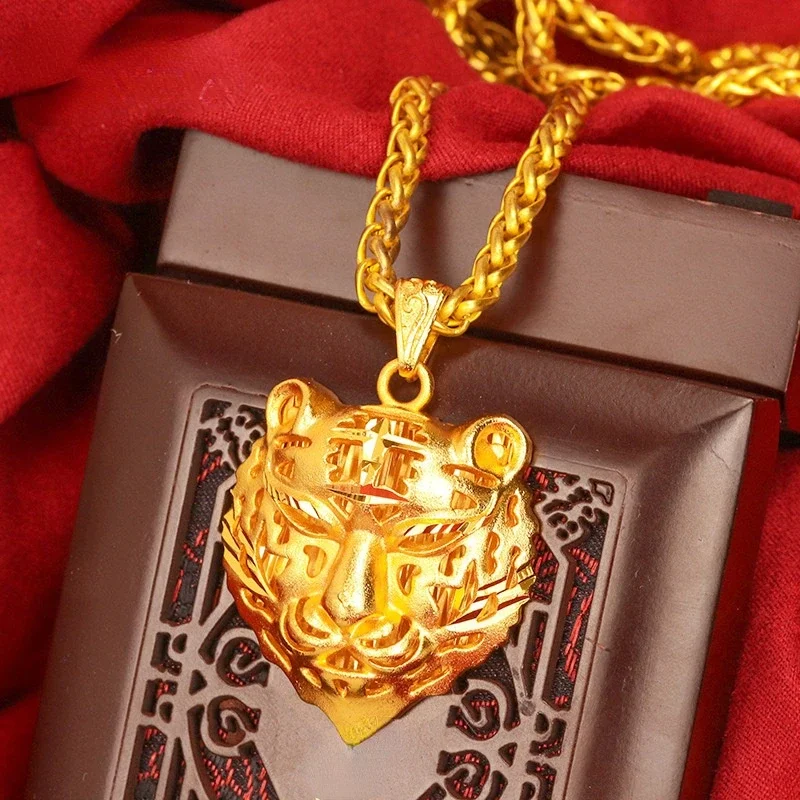 Men's Sand Gold Simulation Gold Plated Non Fading Natal Zodiac Tiger Head Pendant Necklace Birthday Anniversary Jewelry Gift