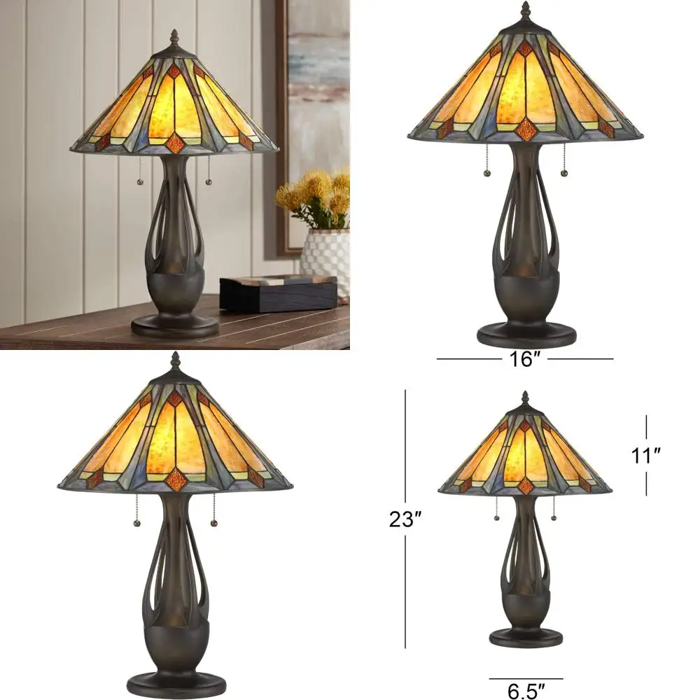 مصباح طاولة بلكنة زجاجية فنية 23 مرتفع مع غطاء معدني عميق، تصميم مهمة على طراز تيفاني تقليدي، لمسة نهائية عتيقة