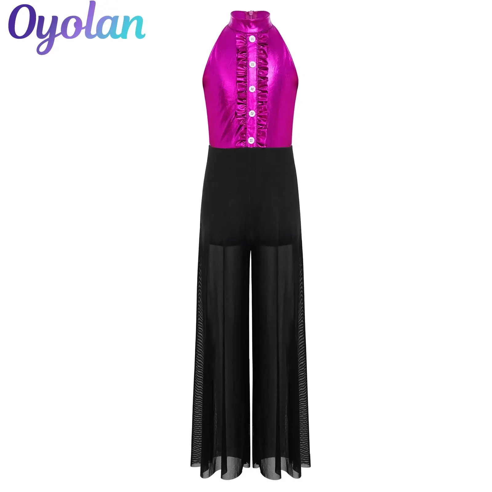 

Детский комбинезон для девочек в стиле хип-хоп, костюм для выступлений в джазе, с невидимой молнией сзади, оборками, металлическим лифом, сетчатыми широкими штанинами