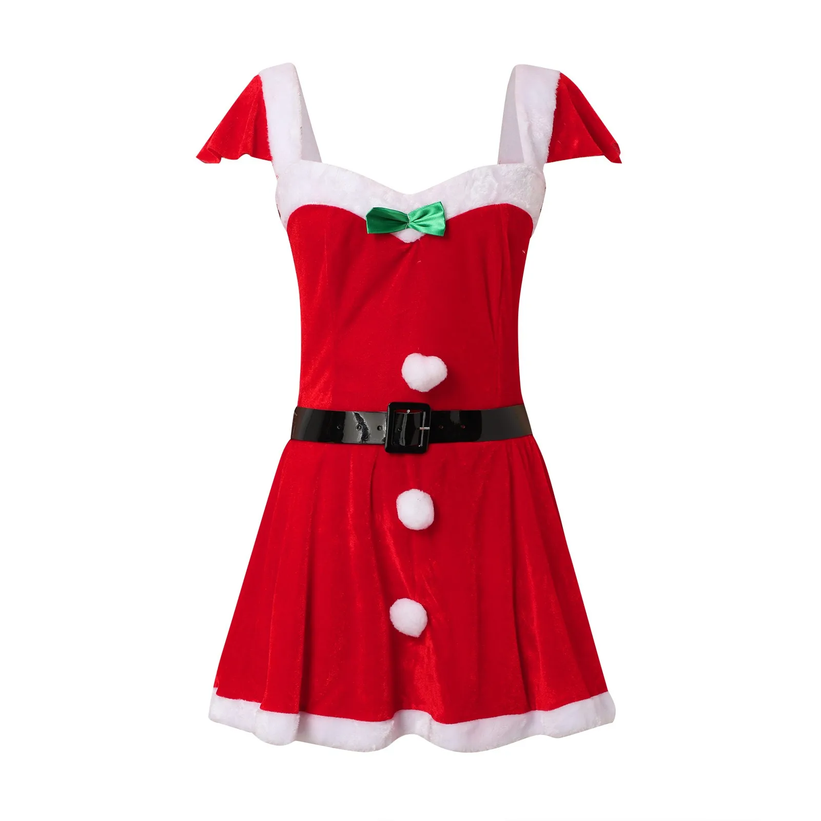 Adults Soft Velvet Christmas Xmas Dress Sexy Red Holiday Dress Santa Claus Costume White Flannel Trim Mini Dress with Hat