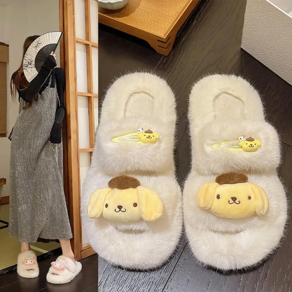 

Anime Pochacco Winter Plush Slippers Women Warm Hello Kitty Indoor Anti-Slip Furry Slippers Household Thick-Soled Girls Slippers