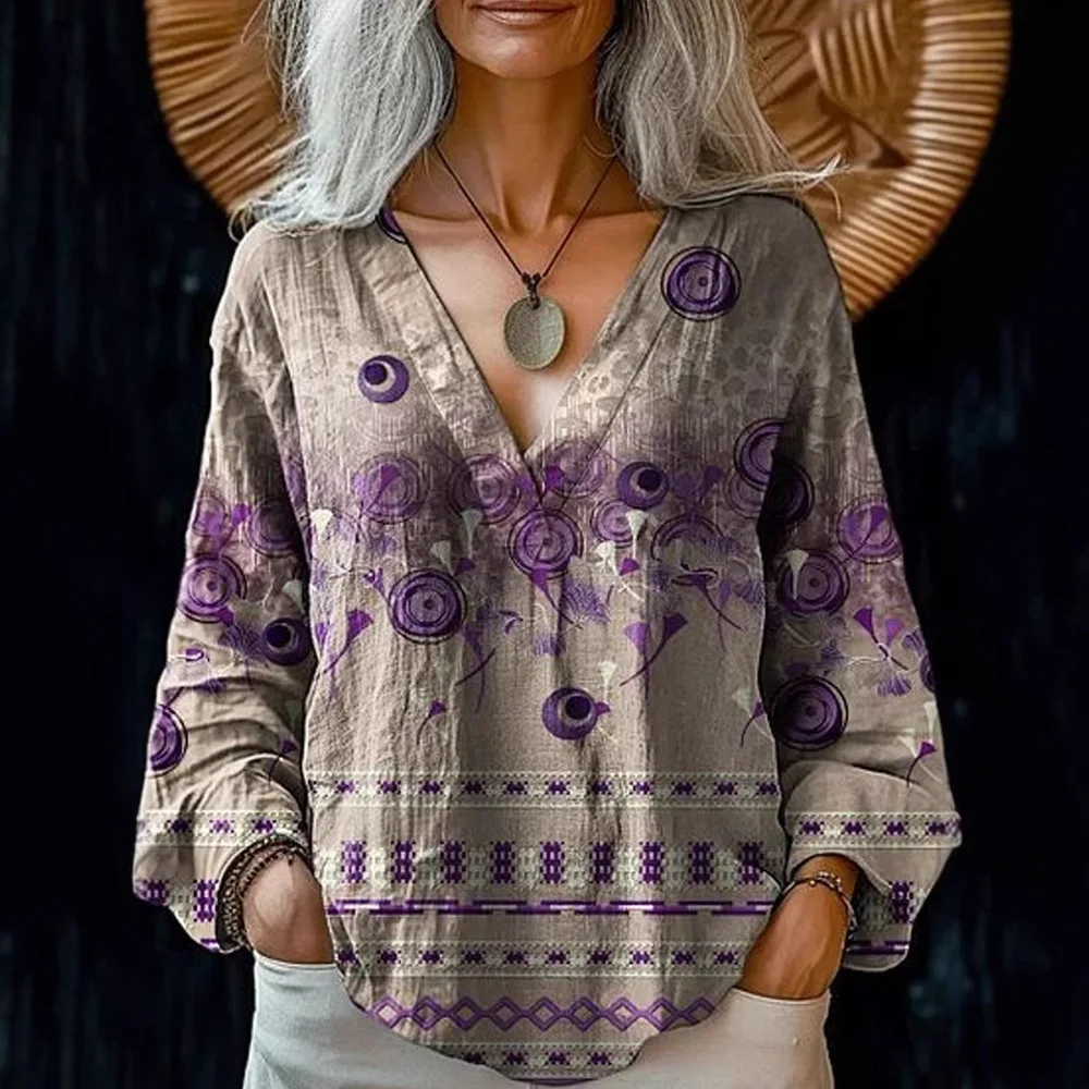 Women's Summer Long Sleeve Top Female Contrast Printed Loose T-shirt Lady's Casual Vacation Button V-neck Shirt Women's Clothing