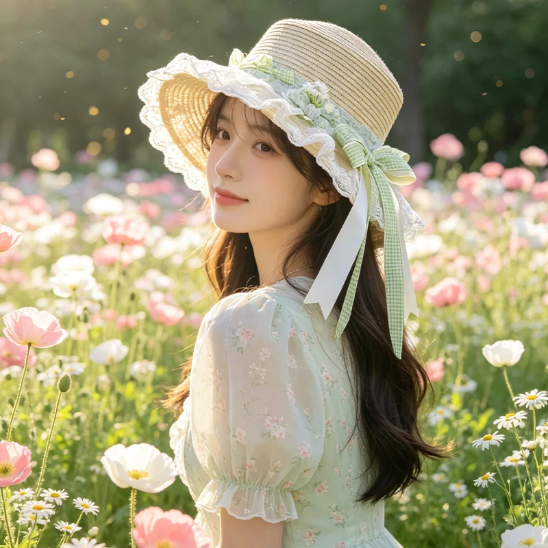 

Y2K Girl Sweet Lolita Summer Straw Hats Boater Hat with Bow Beach Sun Hat Princess Lace Forest-Style Sun Hat for Casual Wear New