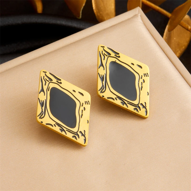 DIEYURO 316L Stainless Steel Black Droplet Oil Rhombus Pattern Earrings Womens Fashion New Current Ear Jewelry Lady Gift Party image 6