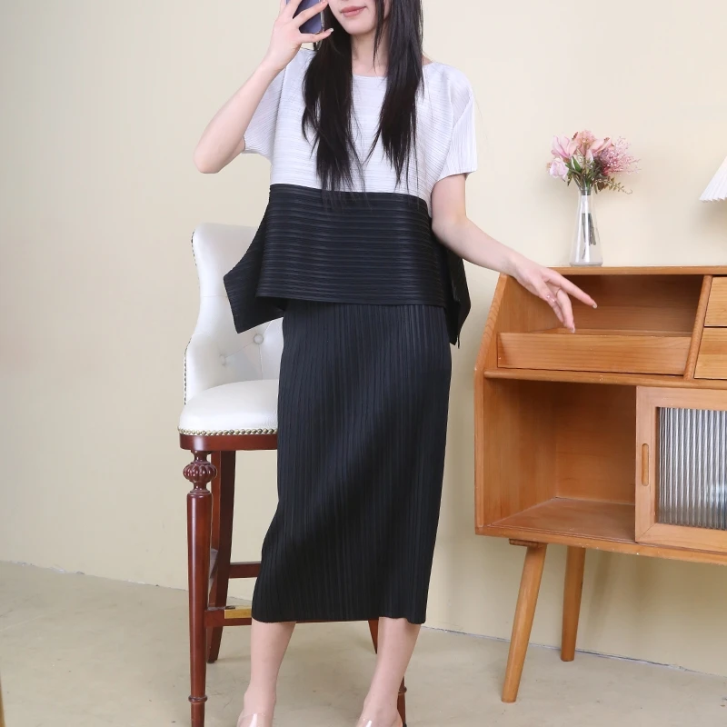 Summer Commute Women's T-Shirt Color Block Loose Fit Design Sensation Three-Resonance Folded Meat Covering Top round Neck Sho...