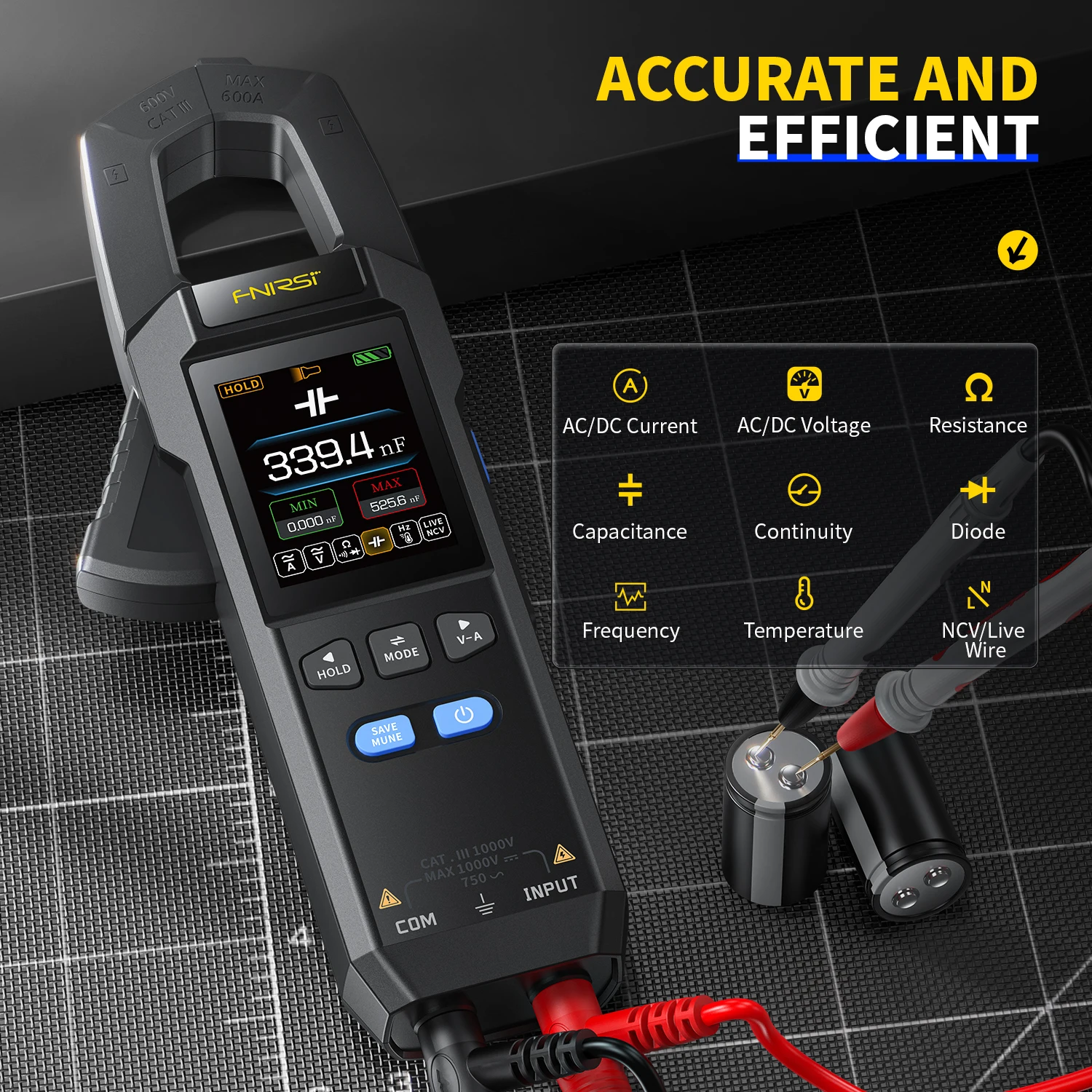 FNIRSI DMC-100 Digital Multimeter, DC/AC Clamp Meter With 10000 Counts, 600A Current Clamp Tester NCV Electrical Tool