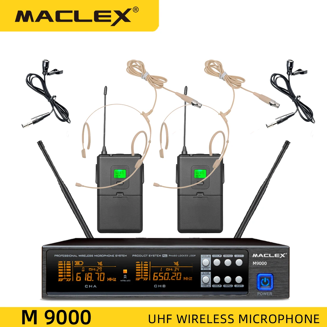 

Maclex M9000 UHF Professional Stage Performance Wireless System Dual Channel bodypack headset Lavalier microphone Dynamic