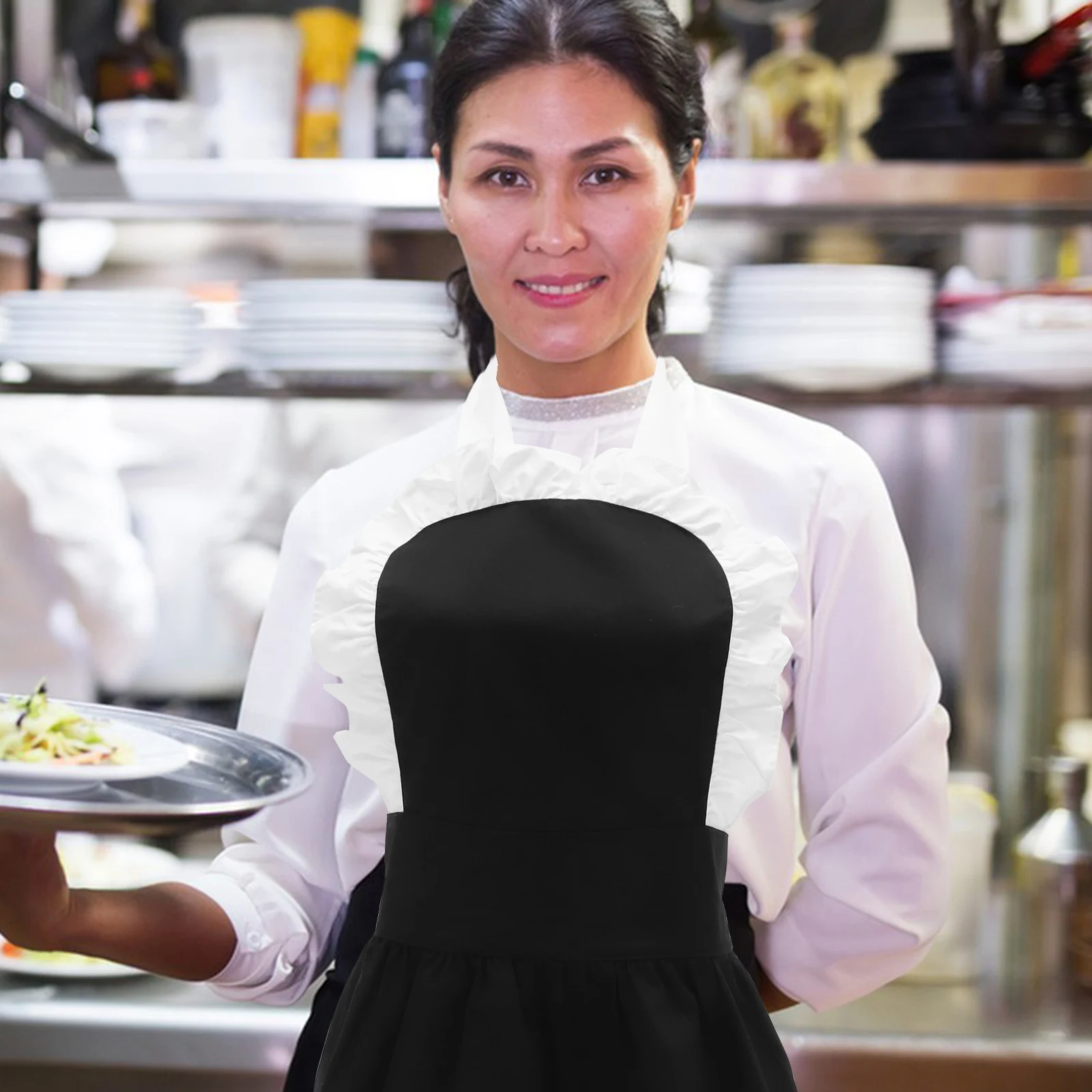 

1pc Ruffle Edge Cotton Apron For Women Waitress Chef Cooking Decorative Work Apron Multifunctional Kitchen Protection Reusable