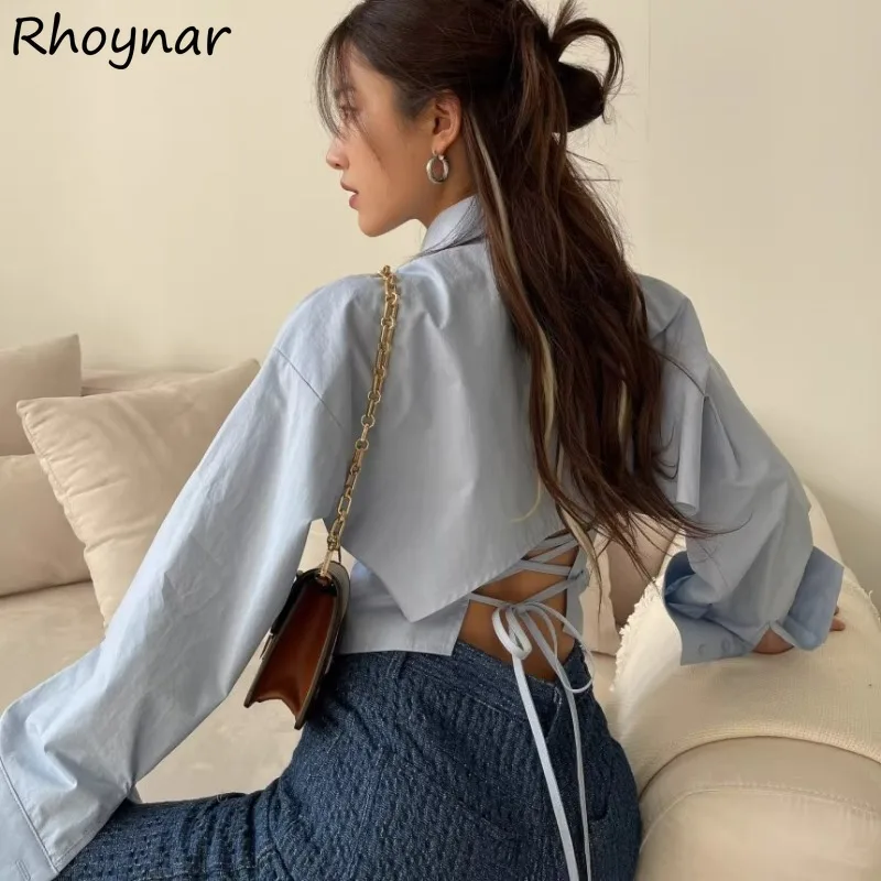 Long Sleeve Shirts Women Spring Spicy Girls Korean Fashion Lace-up Abdomen Designed Slim Temperament Popular Solid Leisure Chic