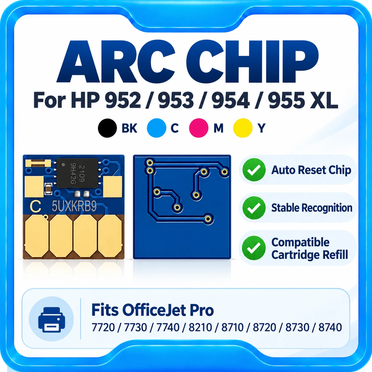 New 952 953 954 955 955XL 95U ARC Chip For HP OfficeJet Pro 7740 8710 8715 8720 8730 8740 8210 8216 8725 Printer Permanent Chip