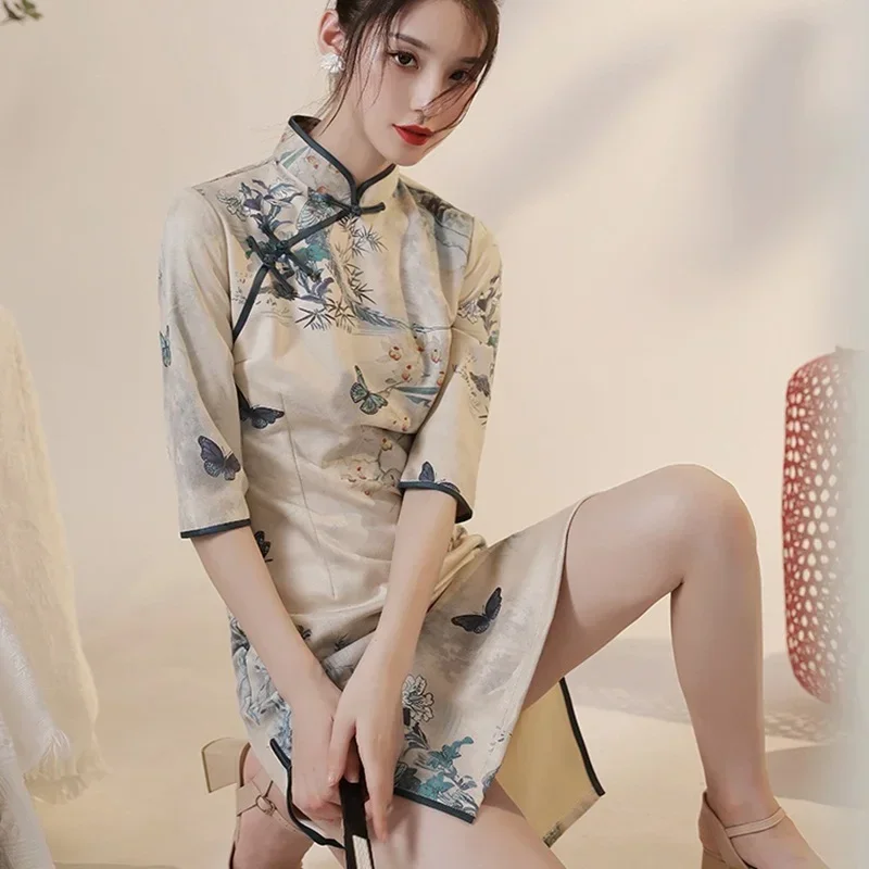 2024 Cheongsam Chinese Dress Vintage Floral Print Women Traditional Qipao Long Robe Short Sleeve Party Dresses MN12