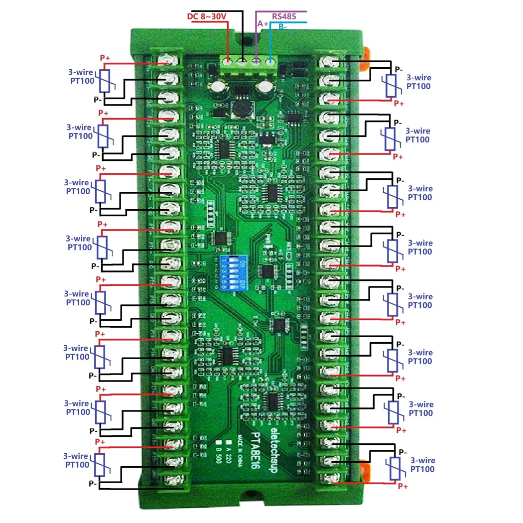 PTA8E16 DC12V/24V 16CH Analog Input RS485 PT100 RTD Temperature Sensor Collector Modbus RTU High Temperature Acquisition