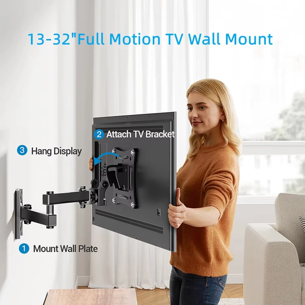 Full Motion TV Monitor Wall Mount Bracket Articulating Arms Swivel Tilt Extension Rotation for Most 10-32 Inch Flat Curved TVs