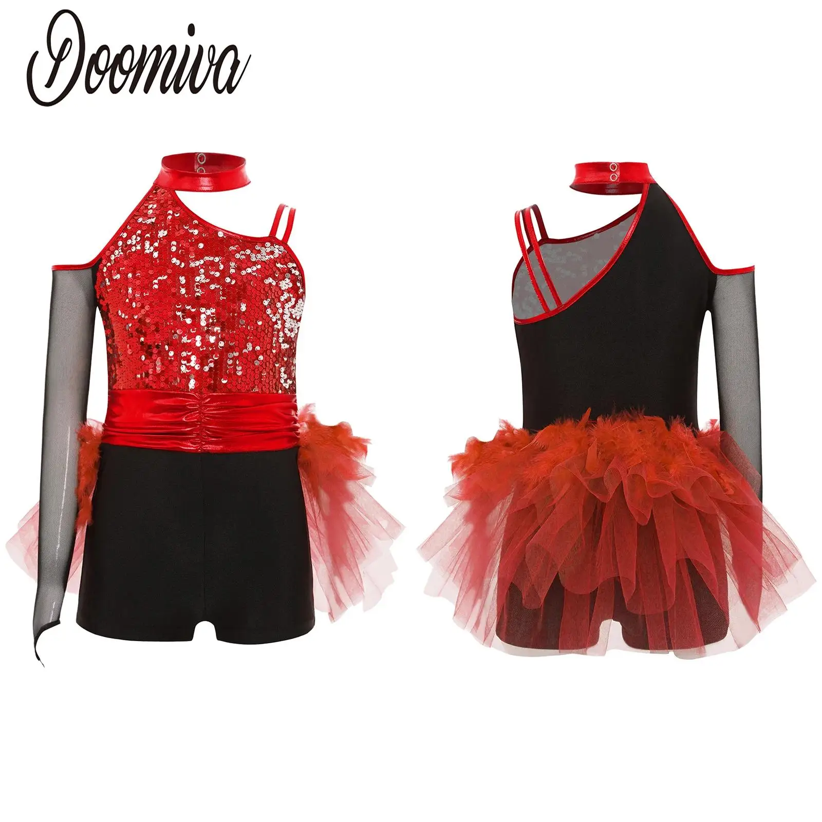 

Kids Girls Jazz Dance Mesh Skirted Leotards Rhythmic Gymnastics Jersey Sequins Figure Skating Tulle Unitards Performance Costume