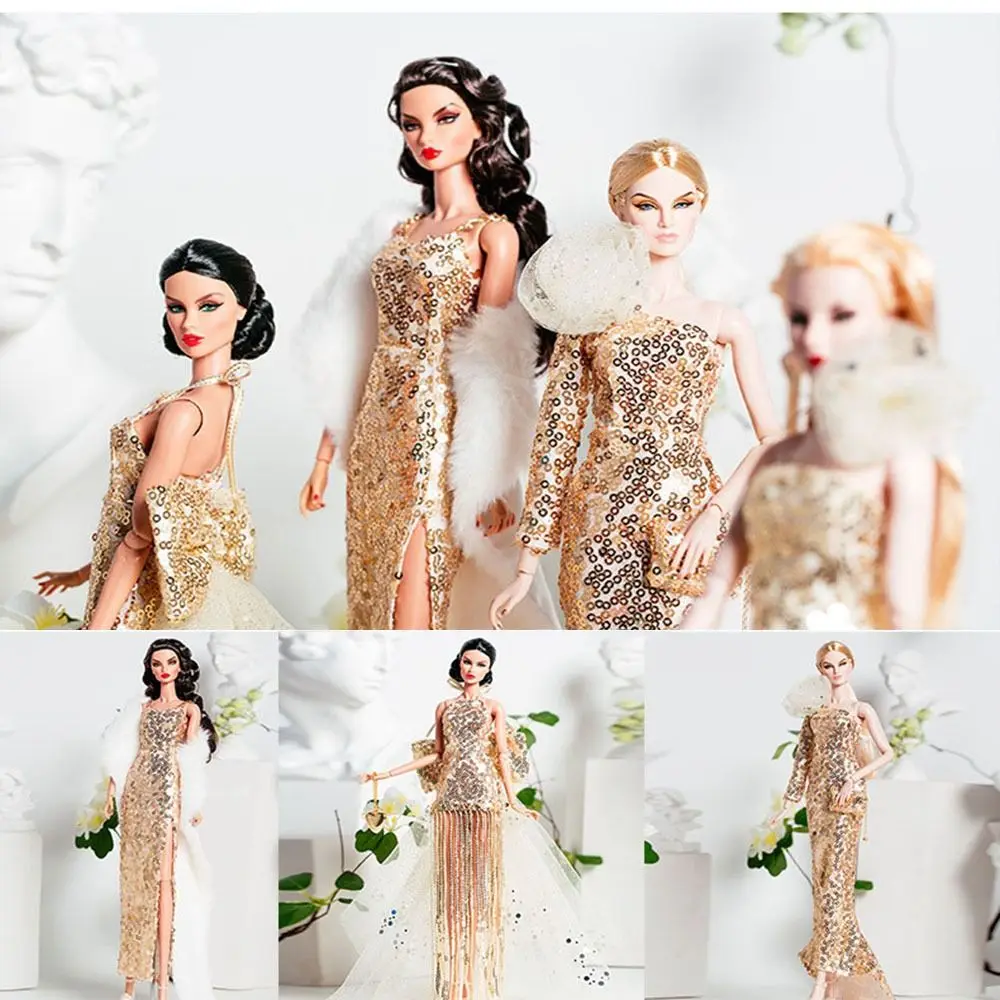 Novo conjunto de vestido dourado de renda europeia diy 6 estilos vestidos de casamento moda boneca roupas acessórios para boneca bjd de 30cm