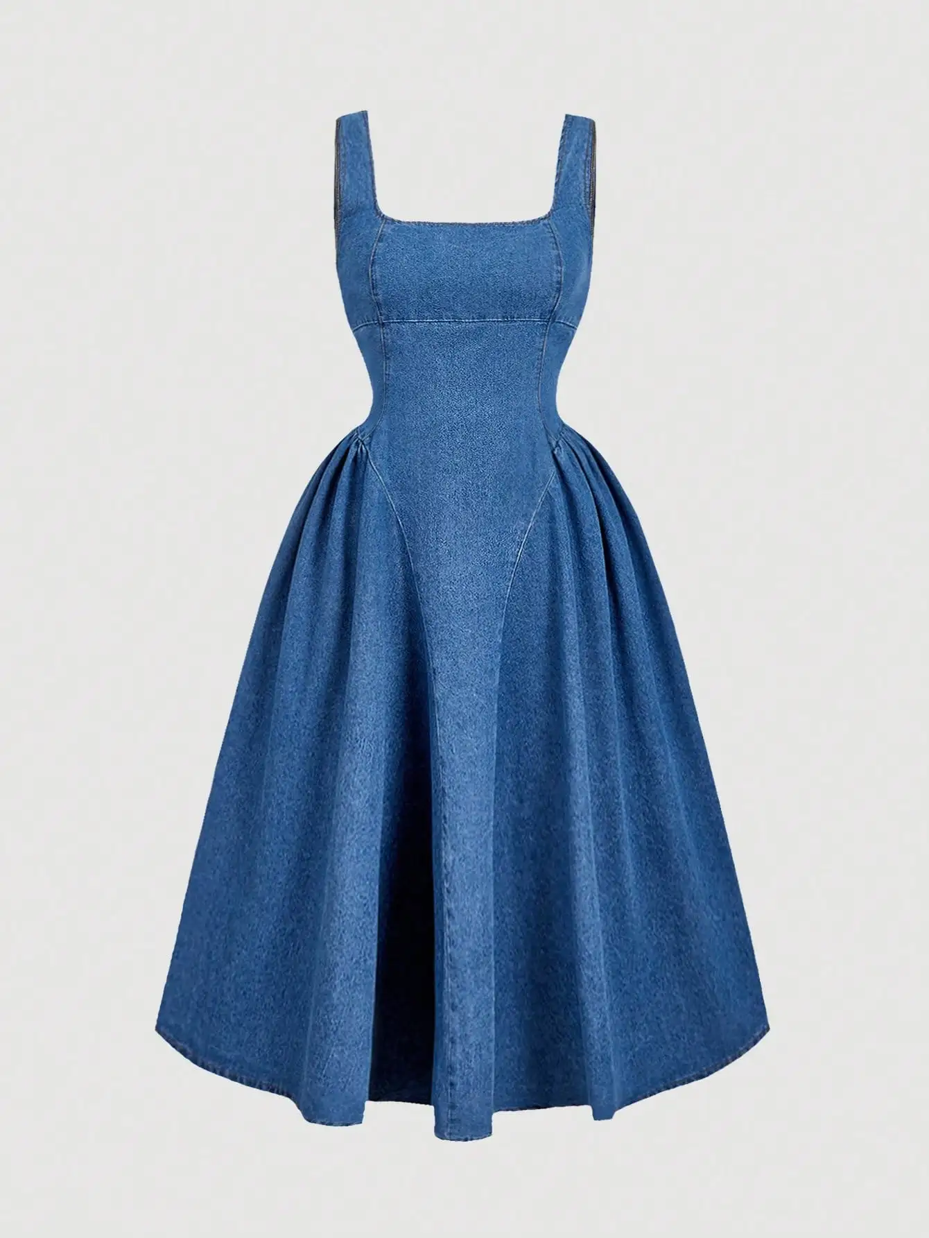 

Джинсовое платье А-силуэта без рукавов с квадратным вырезом и поясом