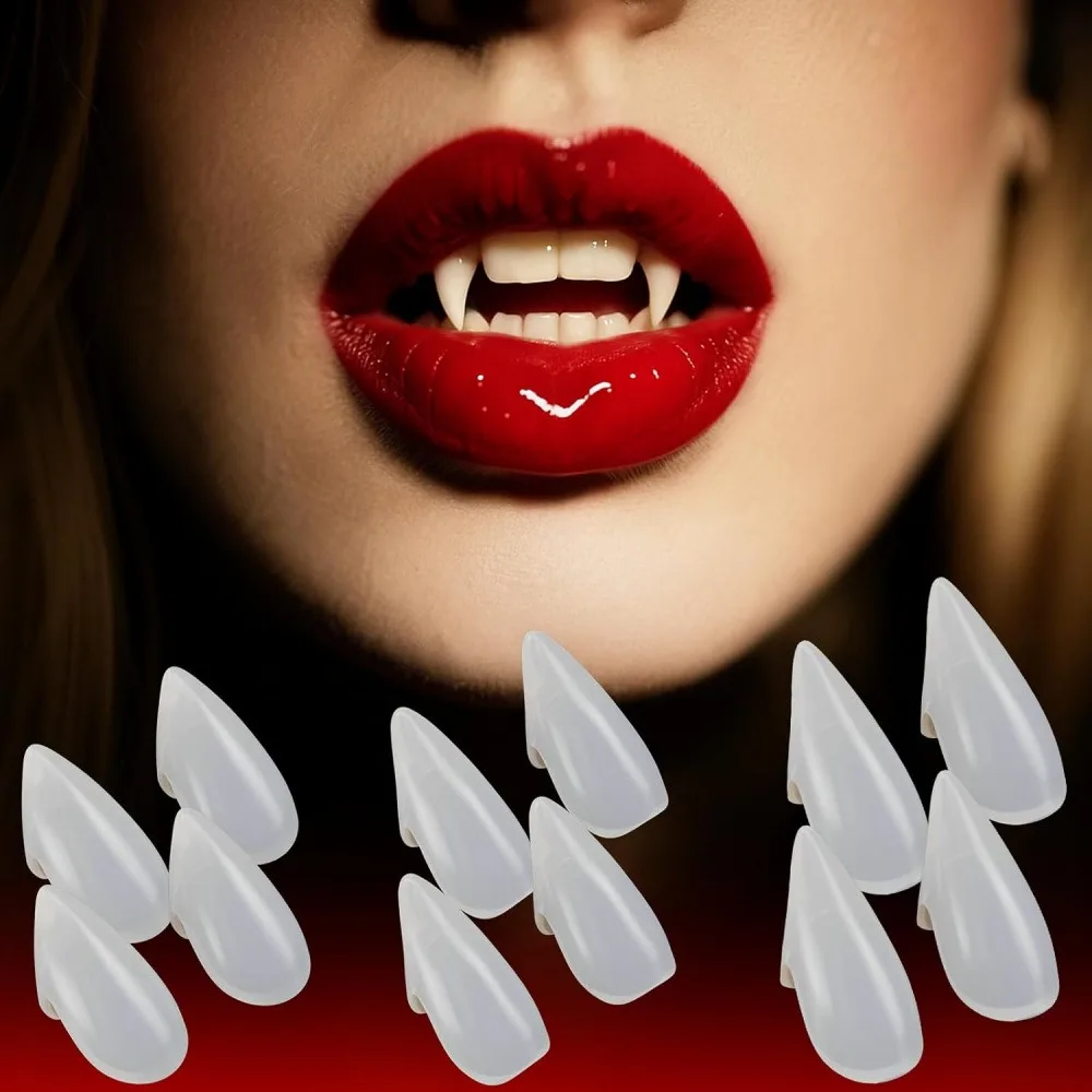 2 Pairs Vampire Fangs Fake Teeth (4 Pcs Total), Realistic Zombie Cosplay Fangs Props, Reusable White Plastic Vampire Teeth for Halloween Party, Costume, Cosplay, Horror Themed Party Dress Up
