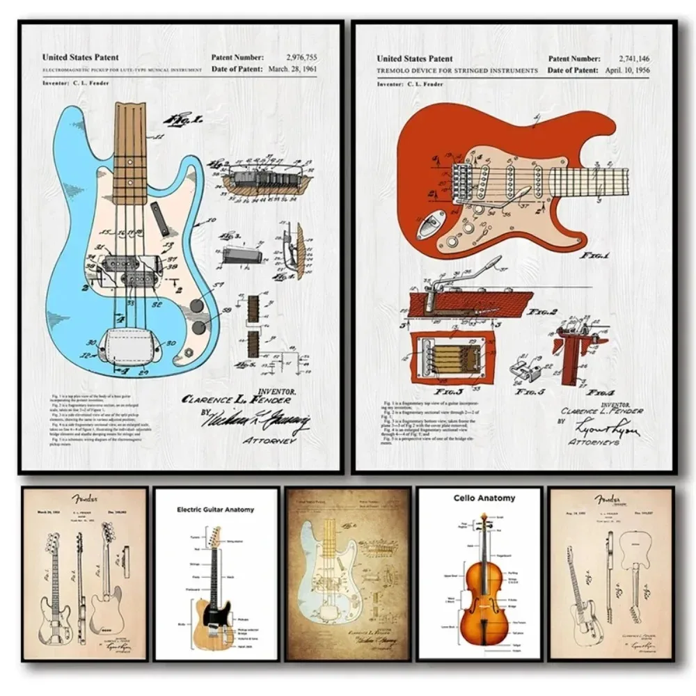 Electric Guitar Anatomy Poster Cello Acoustic Jazz Gibson Guitar Patent Canvas Print Wall Art Musical Room Decor