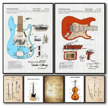 일렉트릭 기타 해부학 포스터, 첼로 어쿠스틱 재즈, 깁슨 기타, 특허 캔버스 프린트, 벽 예술, 뮤지컬 룸 장식 