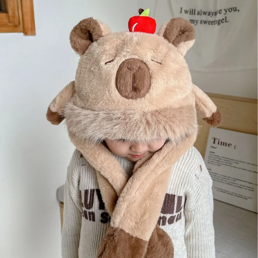 

Warm Windproof Ear Protection Hat Thickened Soft Capybara Hooded Scarf Movable Ears Integrated Hat Scarf Set Outdoor
