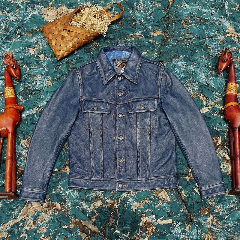 Premium Calfskin Storm Rider Jacket Men Indigo Tea-Core Burnished Distressed Denim Style Leather Coat for autumn and winter