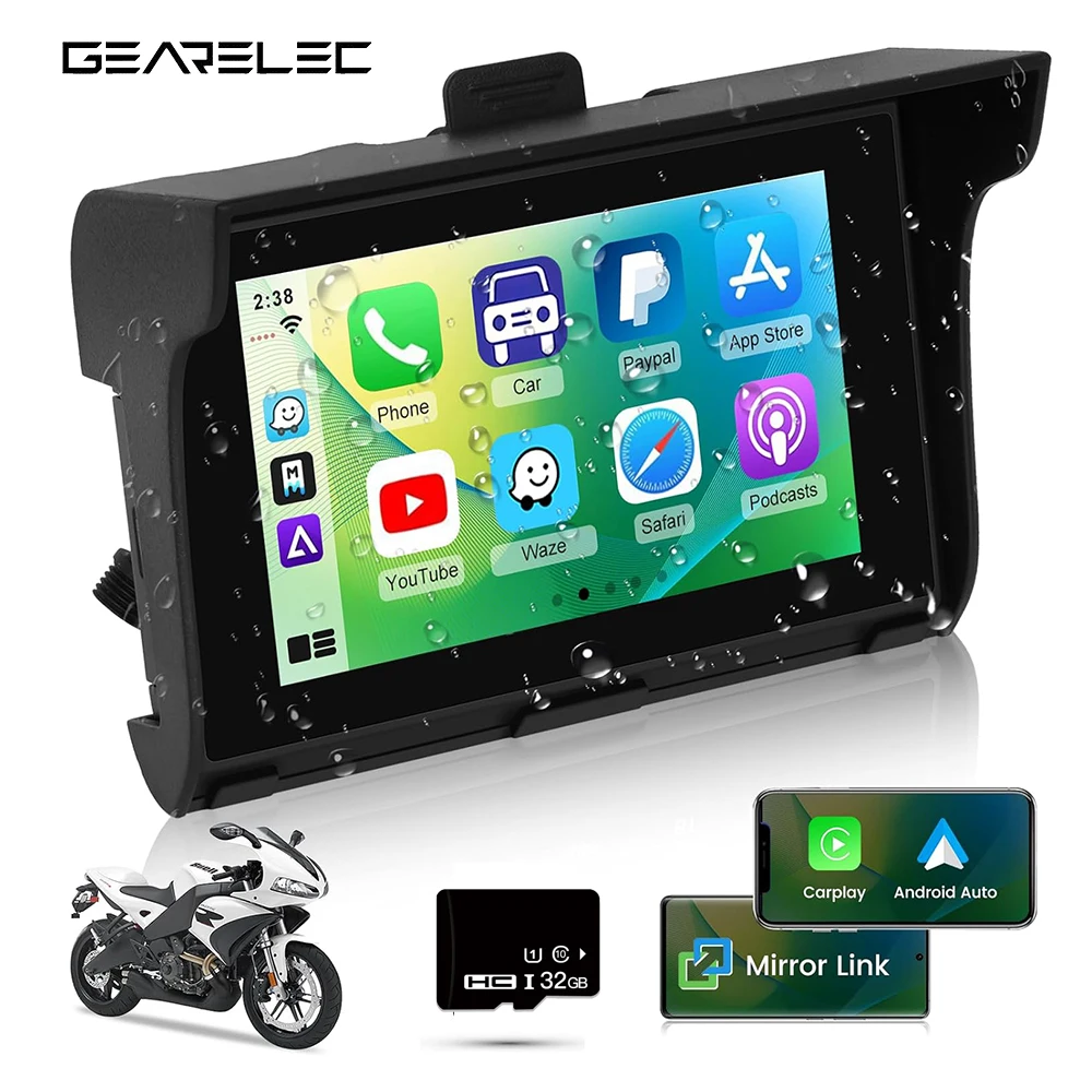 

Gearelec 5" Portable Wireless CarPlay Android Auto Motorcycle GPS Navigation Waterproof IP65 Display Motorbike Dual Bluetooth