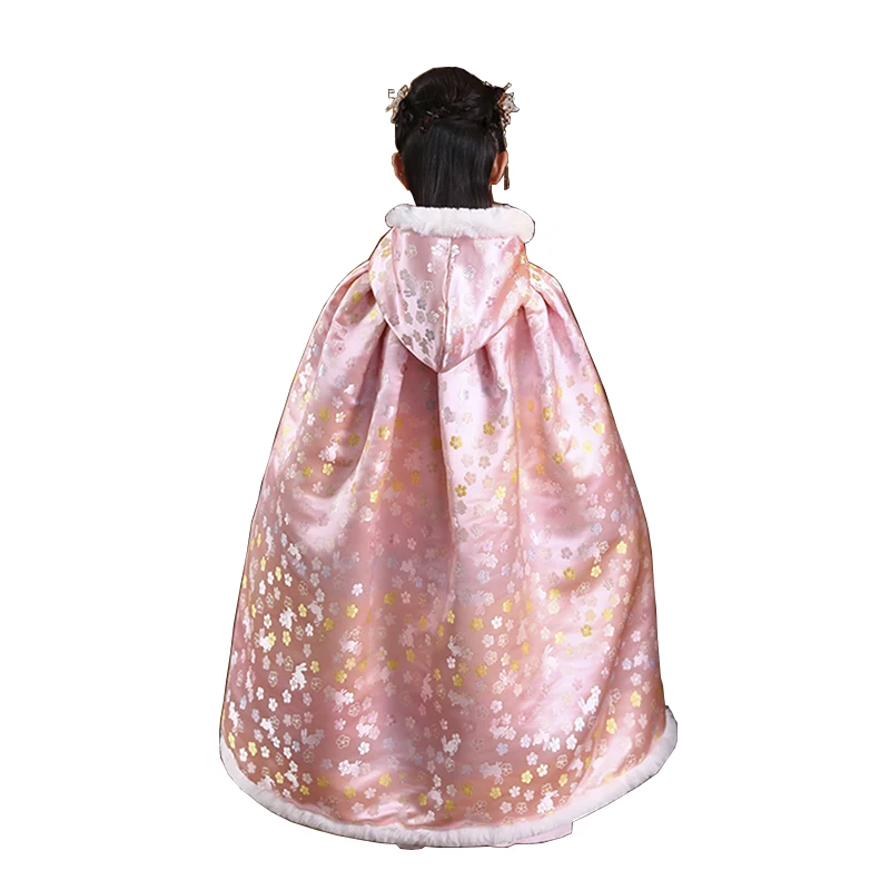 Cape chaude à manches longues pour fille Hanfu, manteau épais, rose à capuche, manteau de Style ancien, vêtements de scène du nouvel an pour enfants, hiver