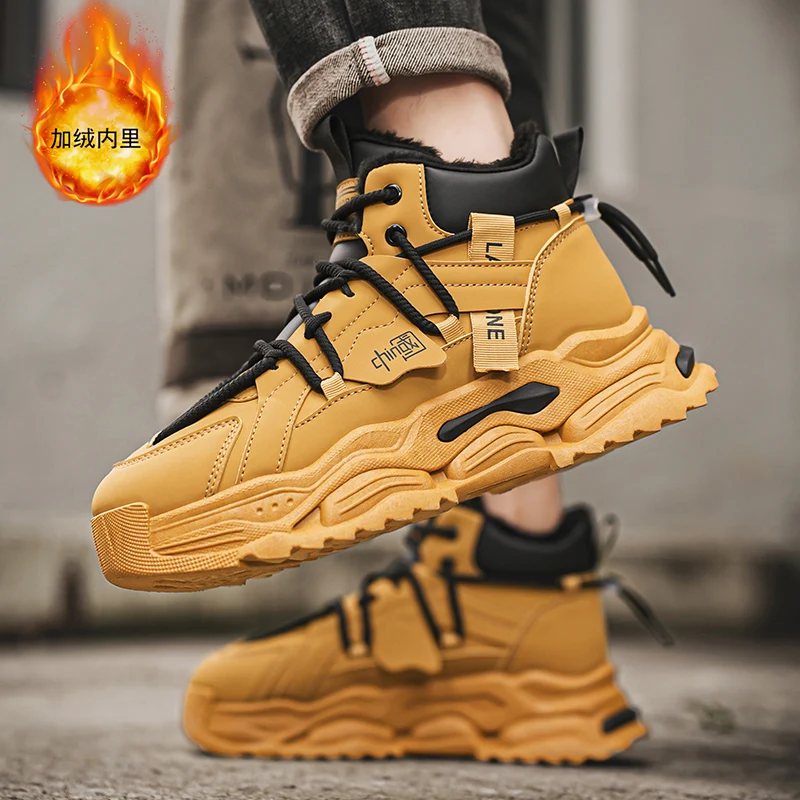 أحذية شتوية رجالية جديدة عالية الجودة مع صوف مضاف ودفء سميك، أحذية قطنية صفراء وأحذية ثلج متكاملة من الفرو