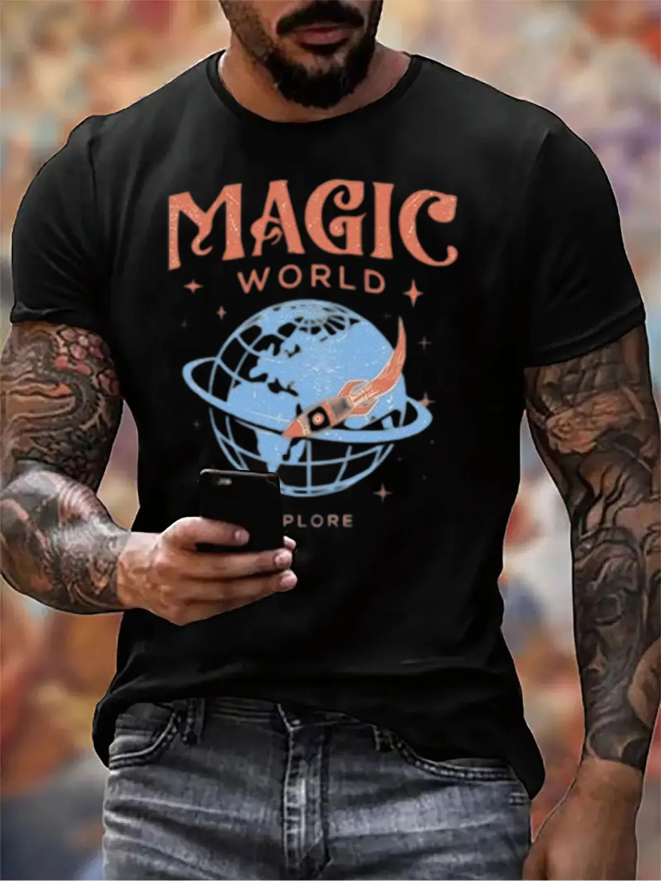 

Men's Cotton Magic World Print Tee For Christmas Gift, Soft Round Neck Shirt For Outdoor Activities, Top For Him