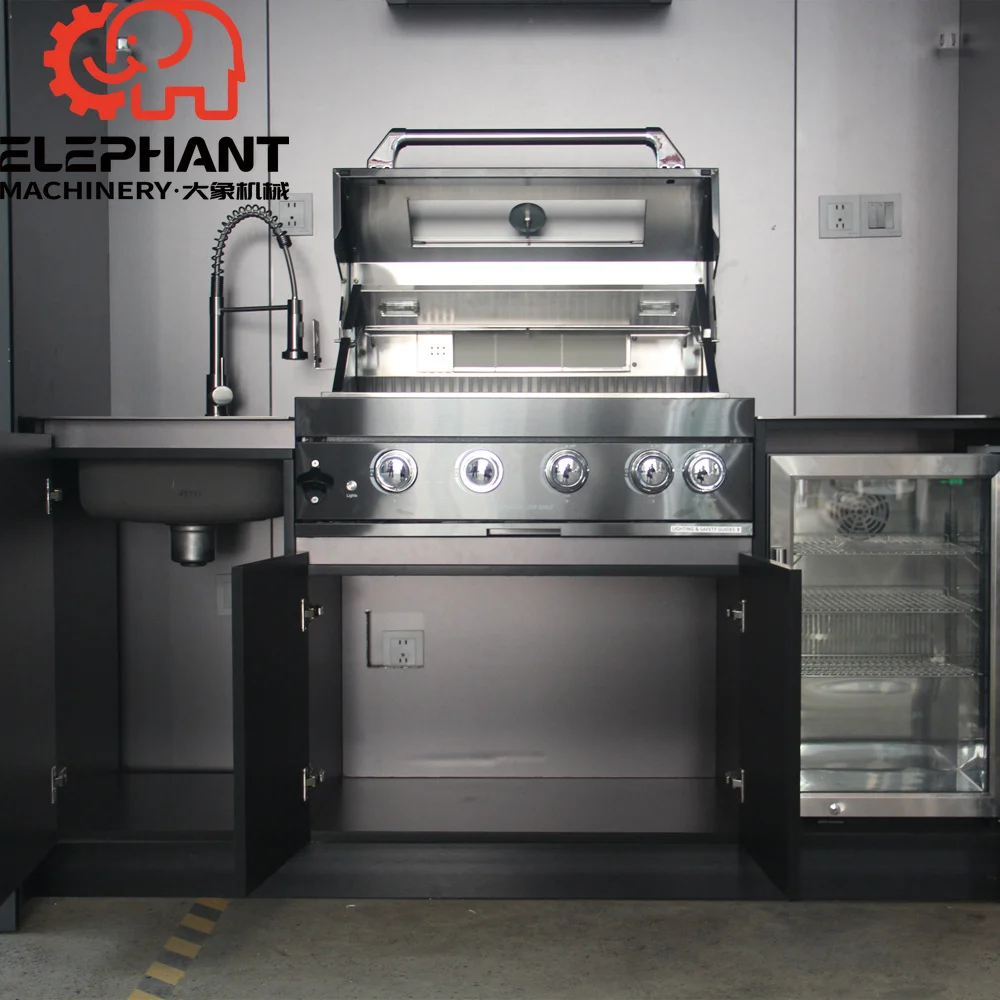 USA Warehouse Smokeless Gas Grill BBQ Garden Bar Shed Outdoor Kitchen Cabinets Set With Fridge Sink Counter Range Hood