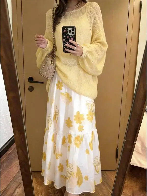 

Slimming Printed Asymmetrical oulder Top And Skirt Set Sweet Sle Versatile Casual Spring Faion Women's Two-Piece Outfit