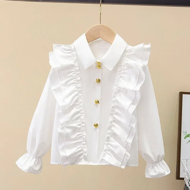 Girls White Blouses Kids Button Shirts Teenagers Jacket 2024 Spring Autumn 3 To 14 Yrs Children\'s Clothing Princess