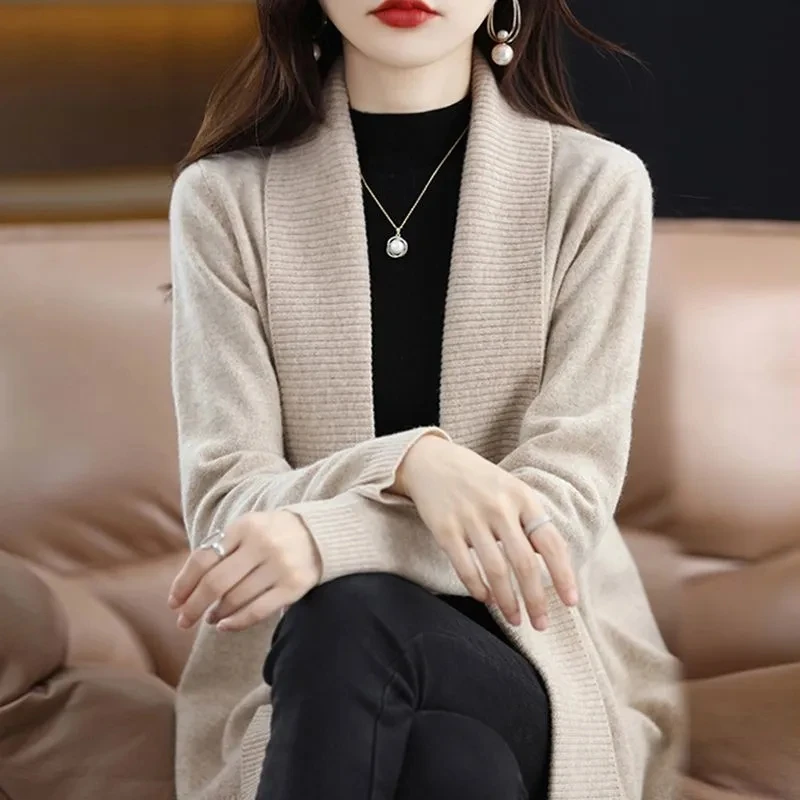 Women Mid Length Knitted Cardigan Autumn/Winter New Coat Flip Collar Loose All-match Lady Tops Female Solid Color Casual Sweater