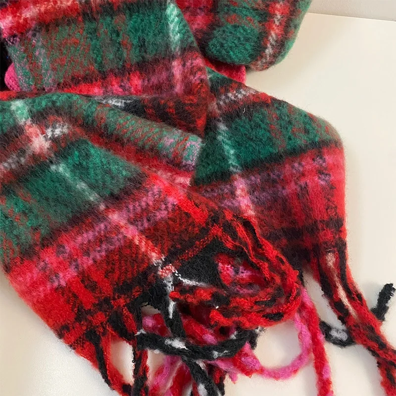 Christmas Red and Green Plaid Soft Tassel Scarf Women's Winter All-match Couple Red Scarf with Cold-proof Dual-purpose Shawl