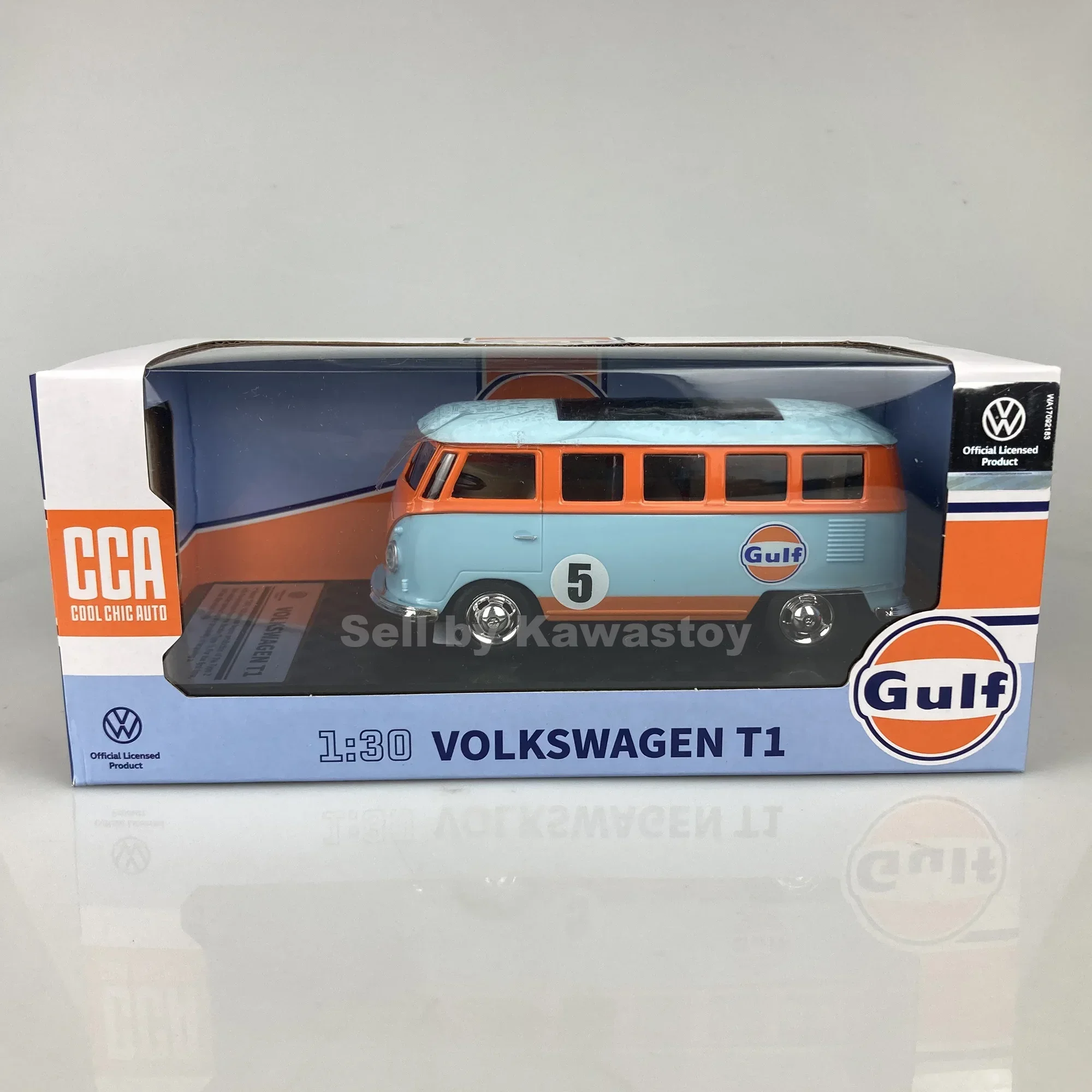 CCA 1:30 VW T1 Samba Bus Transporter Van Gulf Blue Alloy Diecast Model Toy with Decoration Base VW Official Licensed Product