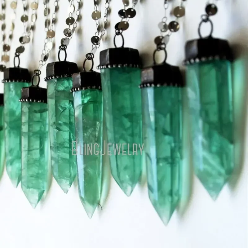 

10pcs Green Fluorite Crystal Tower Talisman Pendulum Necklace Women Witch Boho Wiccaoho Beach Stainless Steel Chain Jewelry