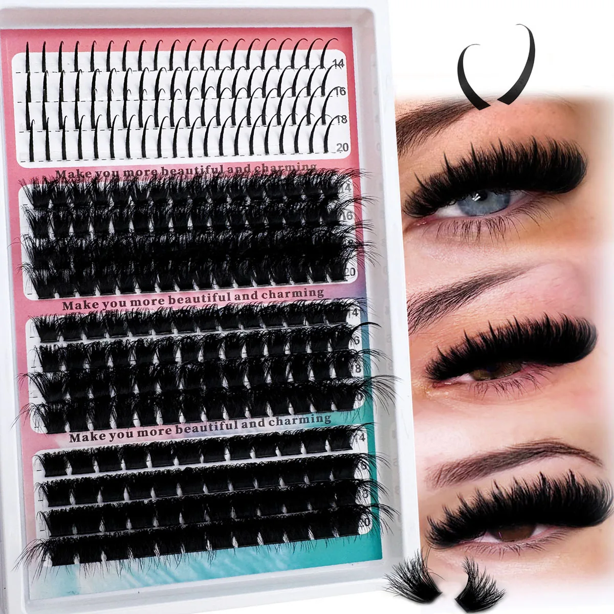 UMIRYAO Spikes+120D+160D+200D/Spikes+60D+80D+100D/Spikes+40D+60D+80D DIY Eyelash Clusters Bulk Packs with Adhesives - Cosmetic Polyester D-Curl False Eyelash Extensions Box Set, 0.07mm 14-20mm Mixed Lengths, 320/312/240pcs , Natural Fluffy Style