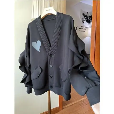 Oversize Women\'s Clothing110kg Single Heart Space Cotton Ruffled Batwing Sleeve Coat