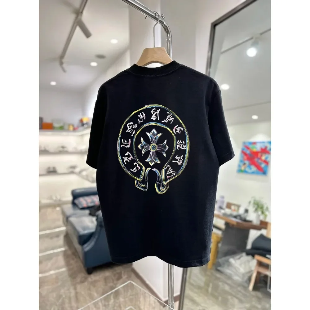 

2025 Cro-Heart New Gork Repeat Ancient High-grade Hand-painted Sanskrit Cross Heavy Short Sleeve High Quality Luxury Brand Tops