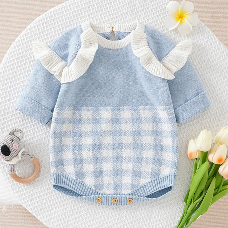 Autumn Winter Newborn Kids Baby Girls Long Sleeve Sweet Grid Knit Rompers Infant Baby Girl Children Clothes Rompers