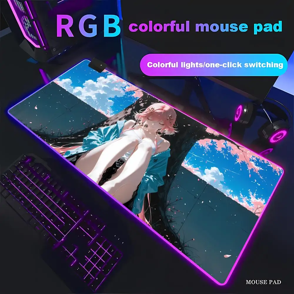 

Pink-haired cherry blossom girl Animation Beautiful RGB Gaming Mouse Pad HD Gamer Large LED Light XXL MousePads PC Decor