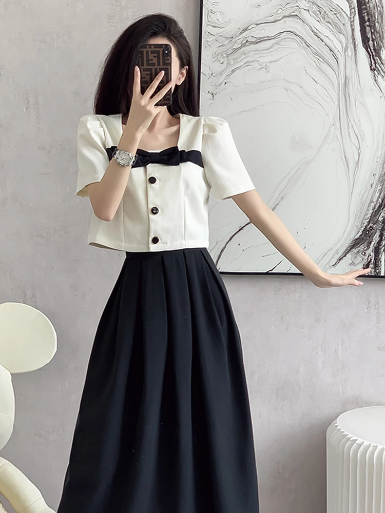 France Small Fragrant Summer Two Piece Set Women Elegant Square Collar Bow Crop Coat+Midi A Line Skirt Suit Ladys Office Outfits